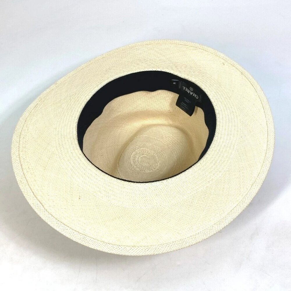 CHANEL CC CC Mark Grosgrain Ribbon 19V hat straw hat straw Beige/Black - Picture 6 of 9